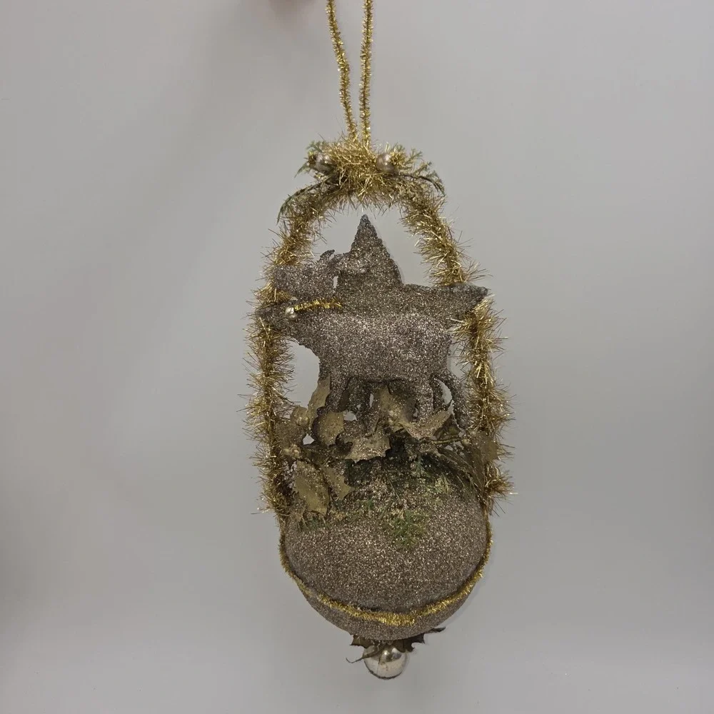 Vintage Bethany Lowe Christmas Hanging Large Ornament Glittered Tinsel Deer/Star